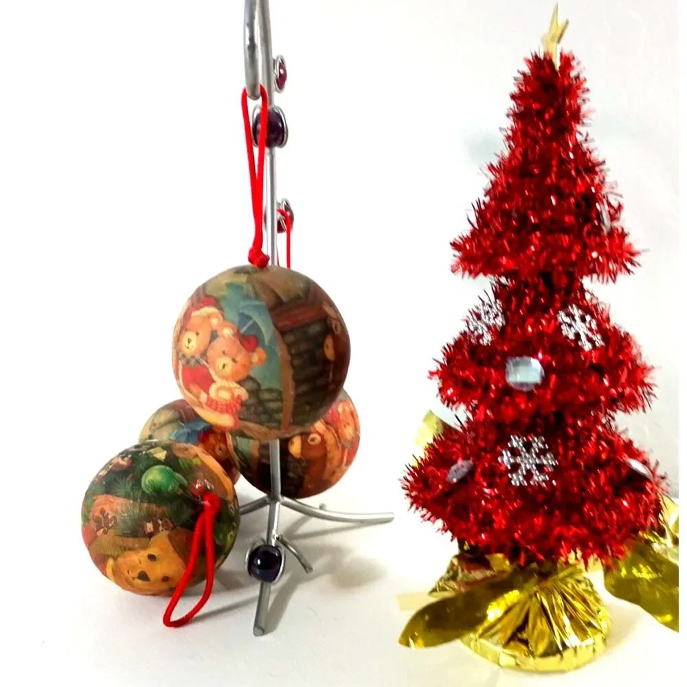 Vintage Plush Teddy Bear Christmas Ball Ornaments Set of 4